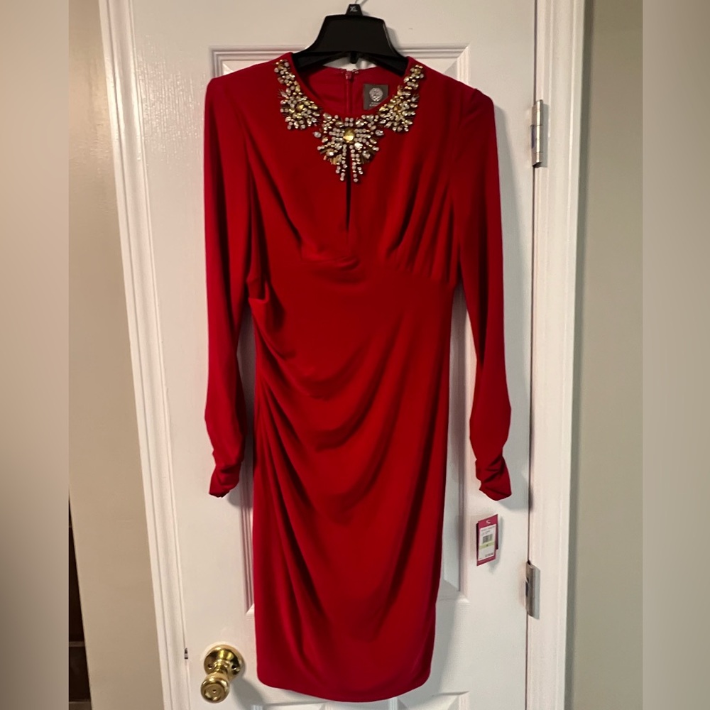 Vince Camuto Red Long Sleeve Dress with Embellished Neckline